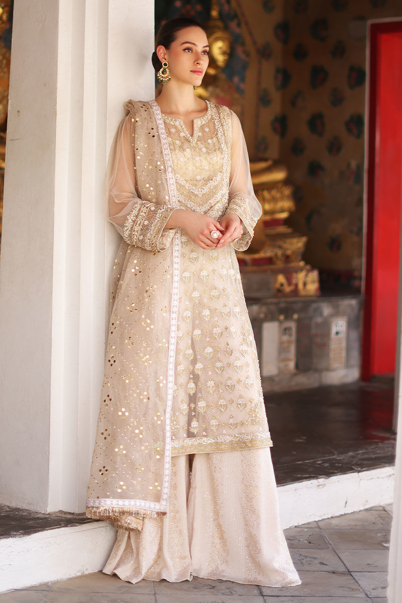 Pearly White Hand-Embellished Net Salwar Kameez (3-Piece) - Image 1