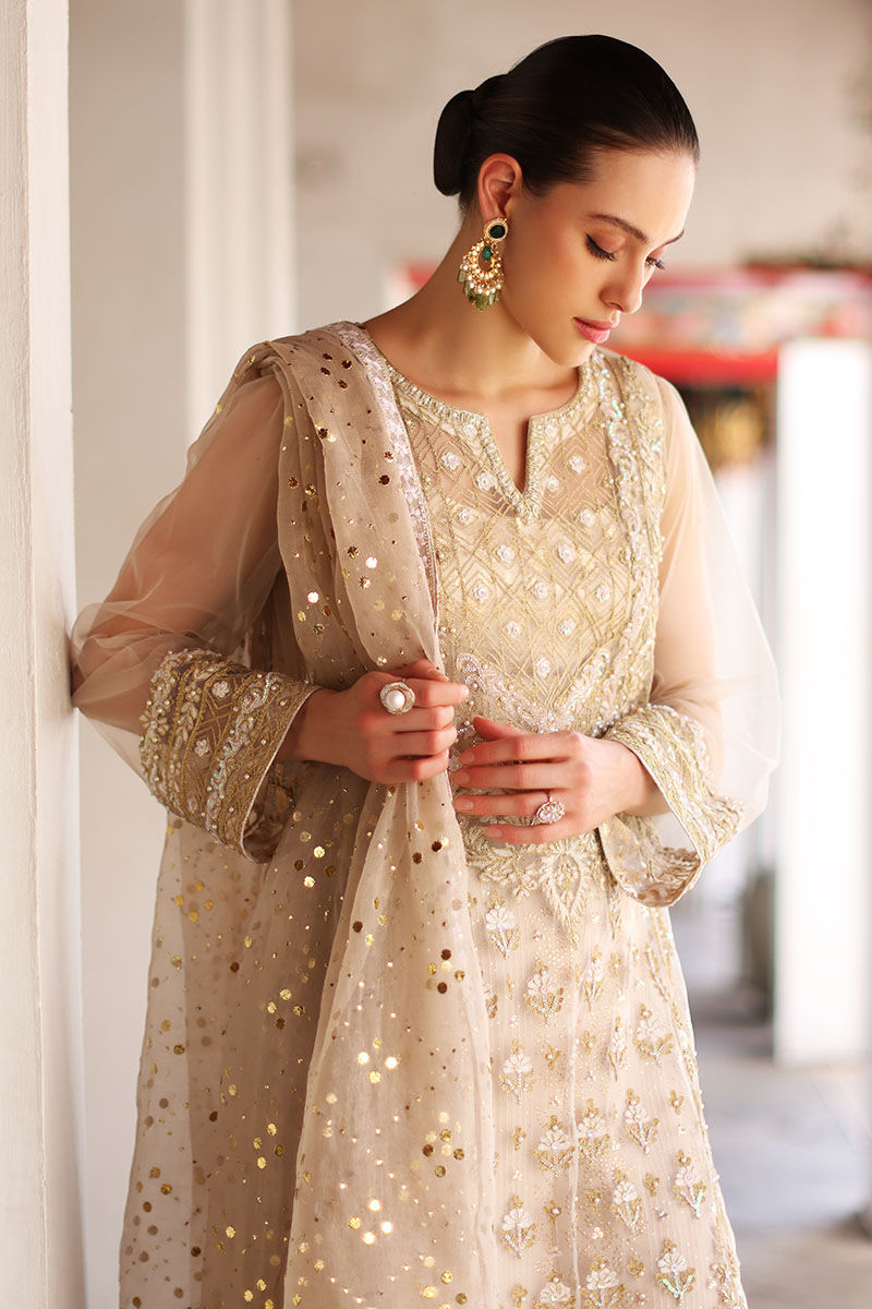 Pearly White Hand-Embellished Net Salwar Kameez (3-Piece) - Image 2