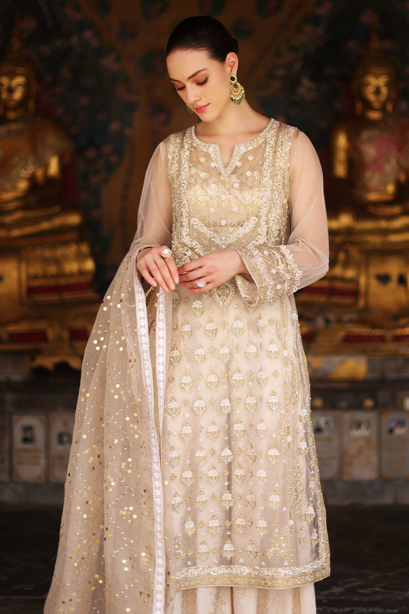Pearly White Hand-Embellished Net Salwar Kameez (3-Piece) - Image 3