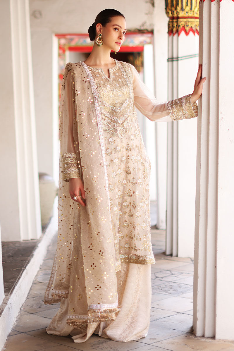Pearly White Hand-Embellished Net Salwar Kameez (3-Piece) - Image 4