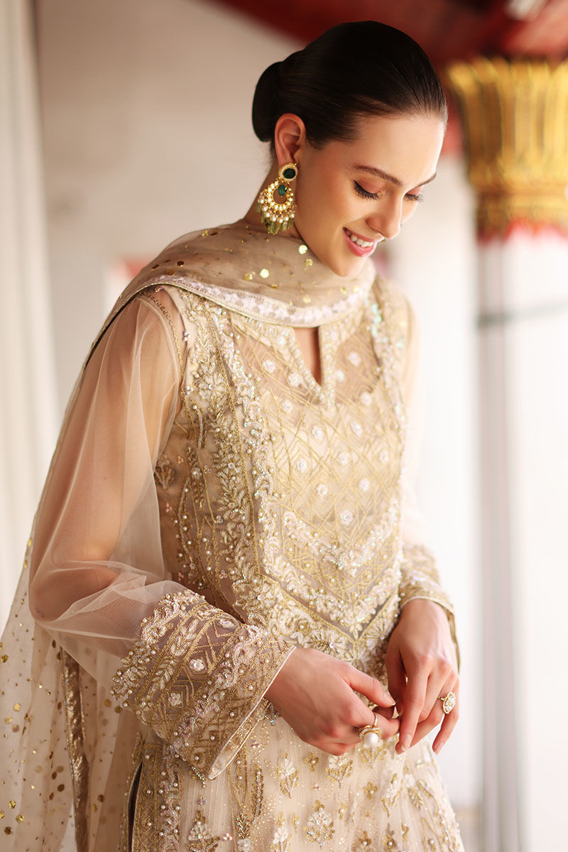 Pearly White Hand-Embellished Net Salwar Kameez (3-Piece) - Image 5