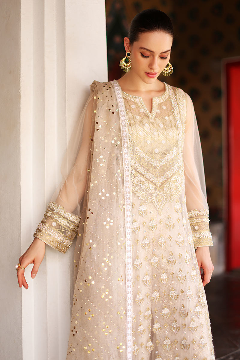Pearly White Hand-Embellished Net Salwar Kameez (3-Piece) - Image 7