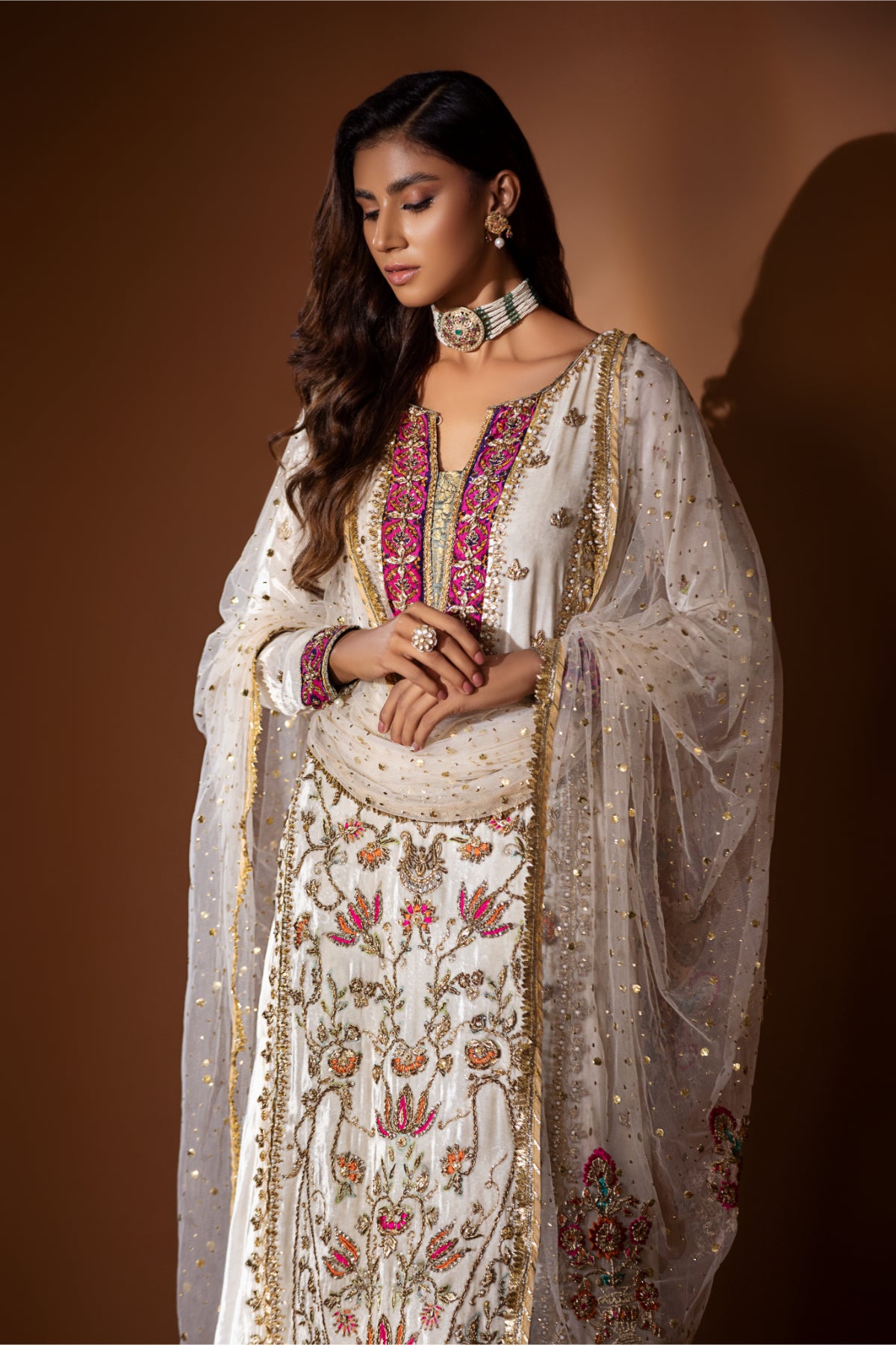 Pakistani White Mukesh Net Salwar Kameez (3-Piece) - Image 1