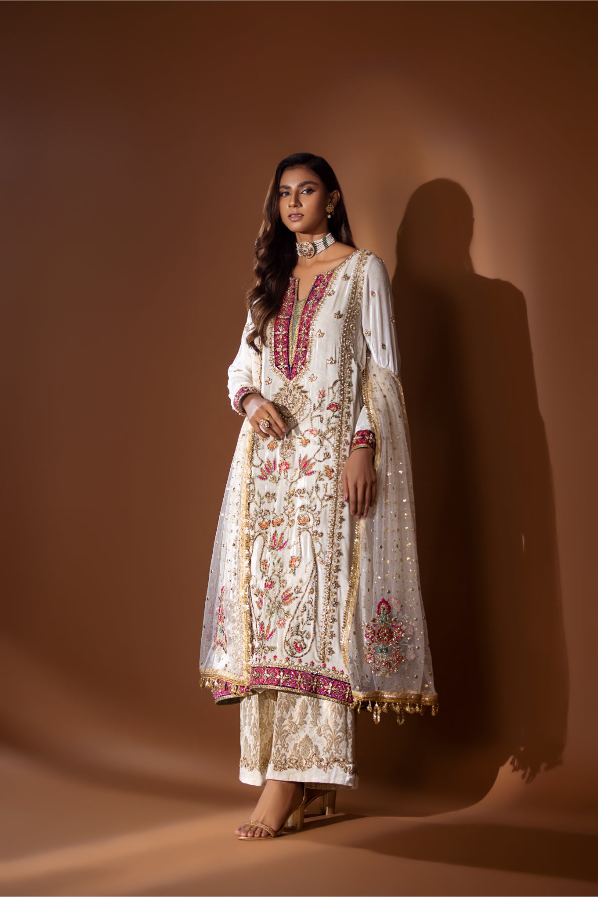 Pakistani White Mukesh Net Salwar Kameez (3-Piece) - Image 2