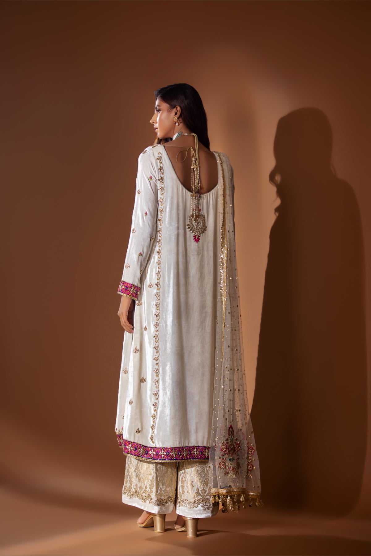 Pakistani White Mukesh Net Salwar Kameez (3-Piece) - Image 3