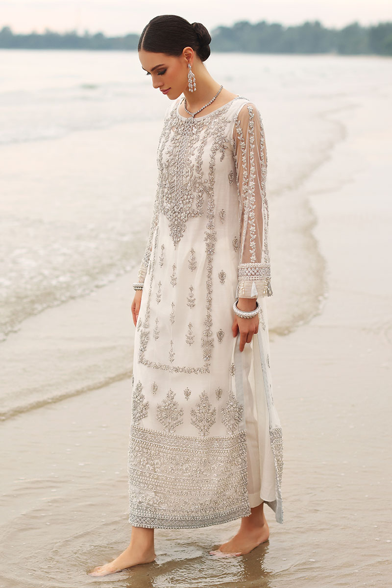 Pakistani White & Silver Embroidered Net Long Shirt (3-Piece) - Image 1