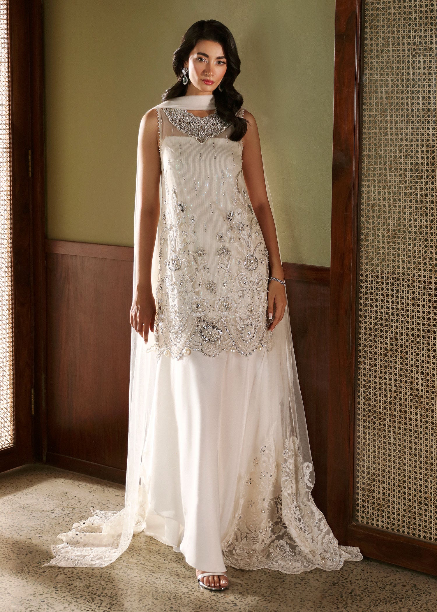 Pakistani White Silver Embroidered Net & Silk Salwar Kameez (3-Piece) - Image 2