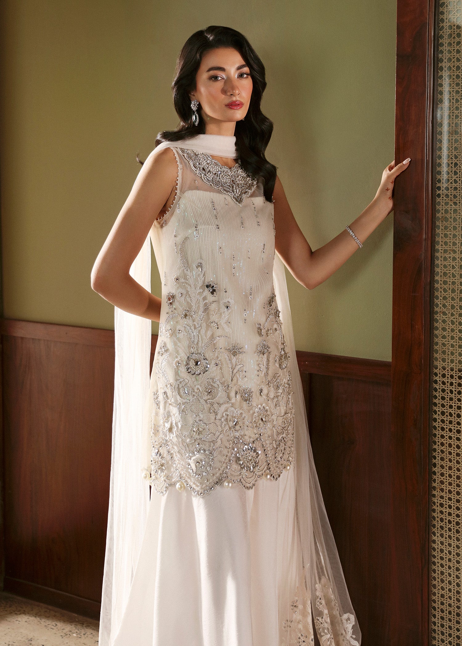 Pakistani White Silver Embroidered Net & Silk Salwar Kameez (3-Piece) - Image 3
