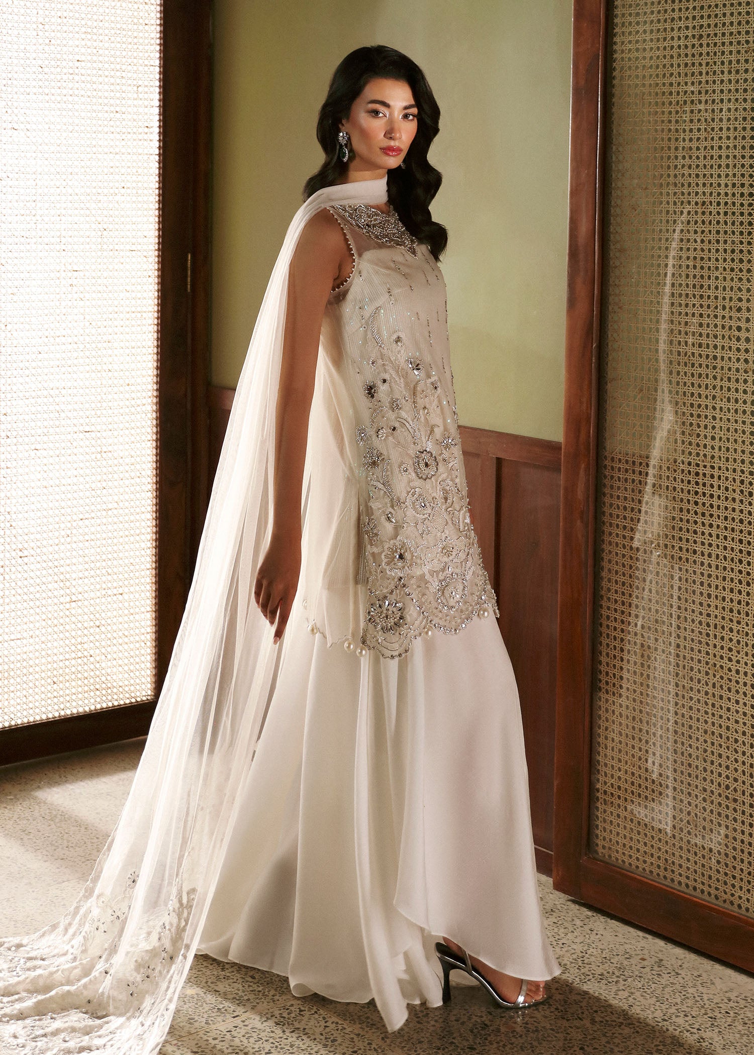 Pakistani White Silver Embroidered Net & Silk Salwar Kameez (3-Piece) - Image 4