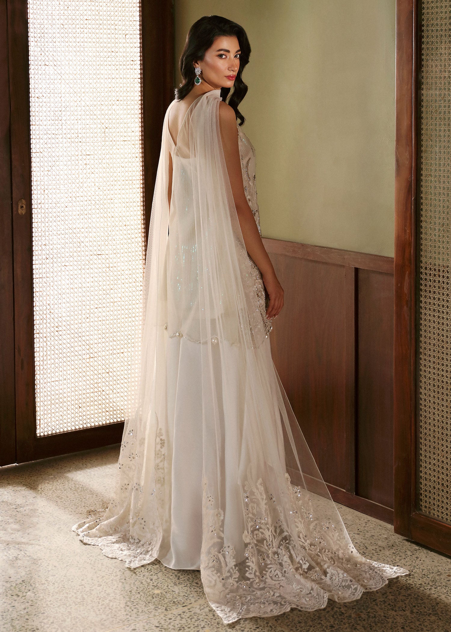 Pakistani White Silver Embroidered Net & Silk Salwar Kameez (3-Piece) - Image 6