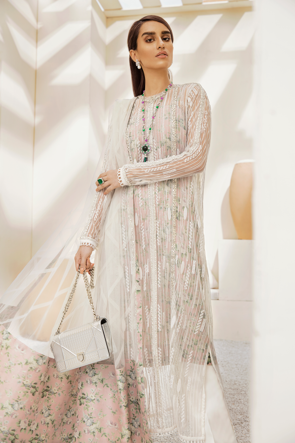 Blush White Hand-Embellished Net Salwar Kameez (3-Piece) - Image 1