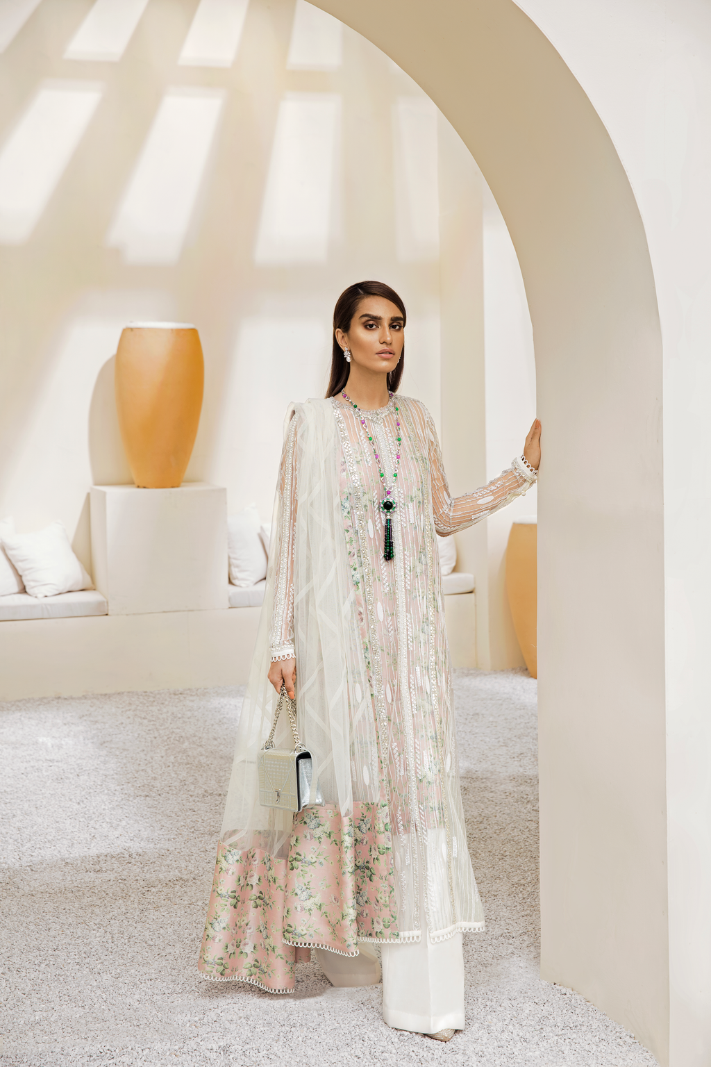 Blush White Hand-Embellished Net Salwar Kameez (3-Piece) - Image 3