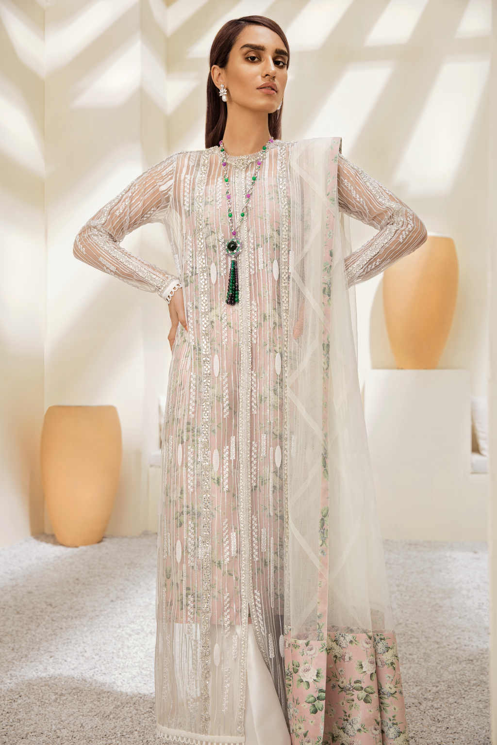 Blush White Hand-Embellished Net Salwar Kameez (3-Piece) - Image 4