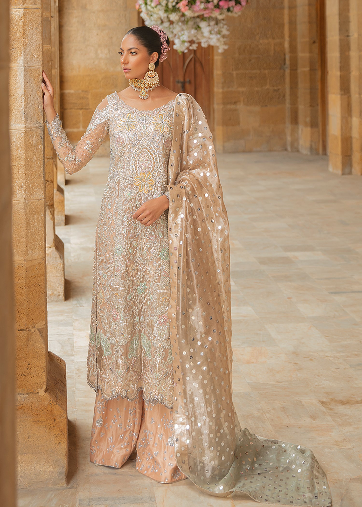 Pakistani White Embellished Net Bridal Salwar Kameez (3-Piece) - Image 1