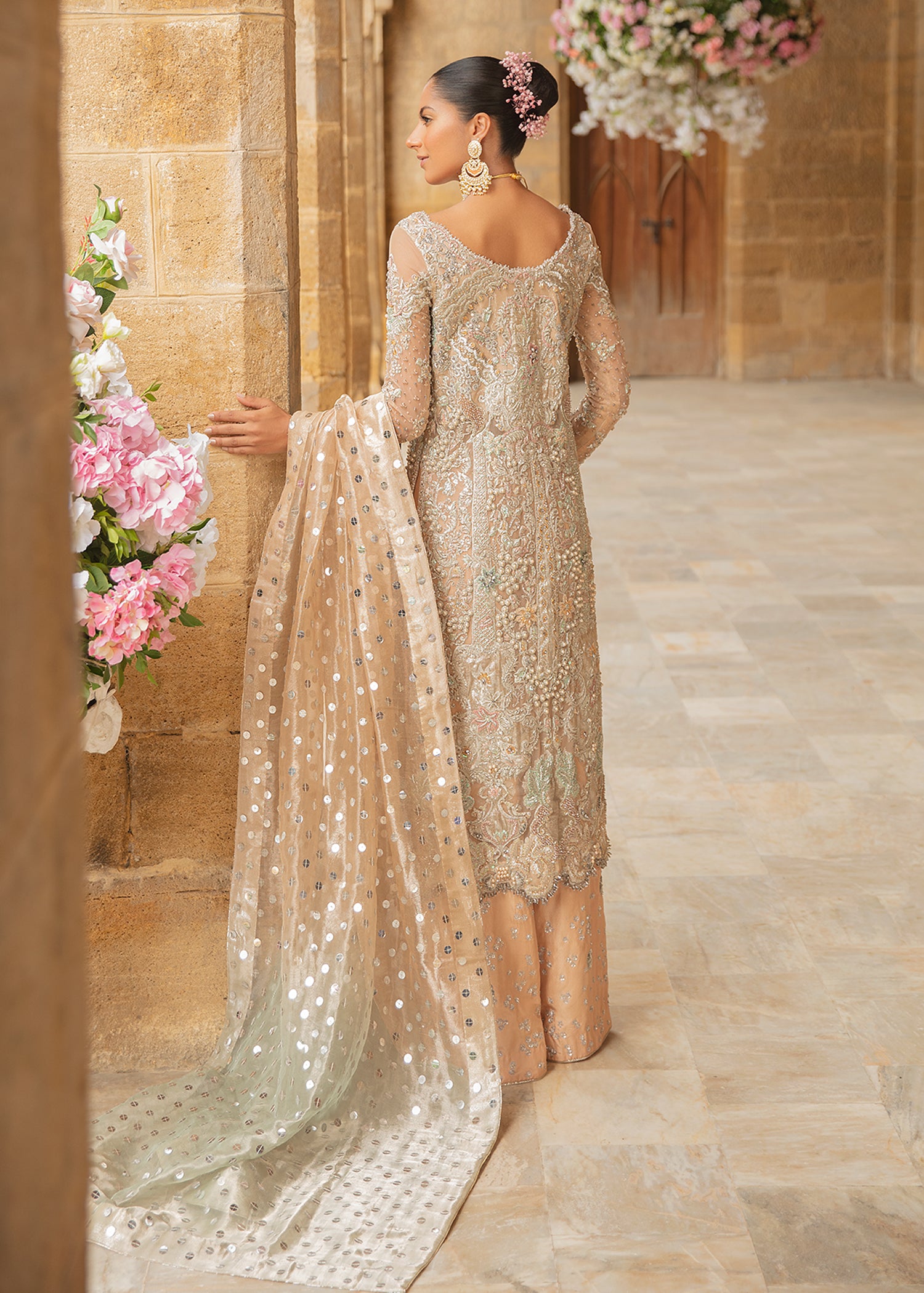 Pakistani White Embellished Net Bridal Salwar Kameez (3-Piece) - Image 2