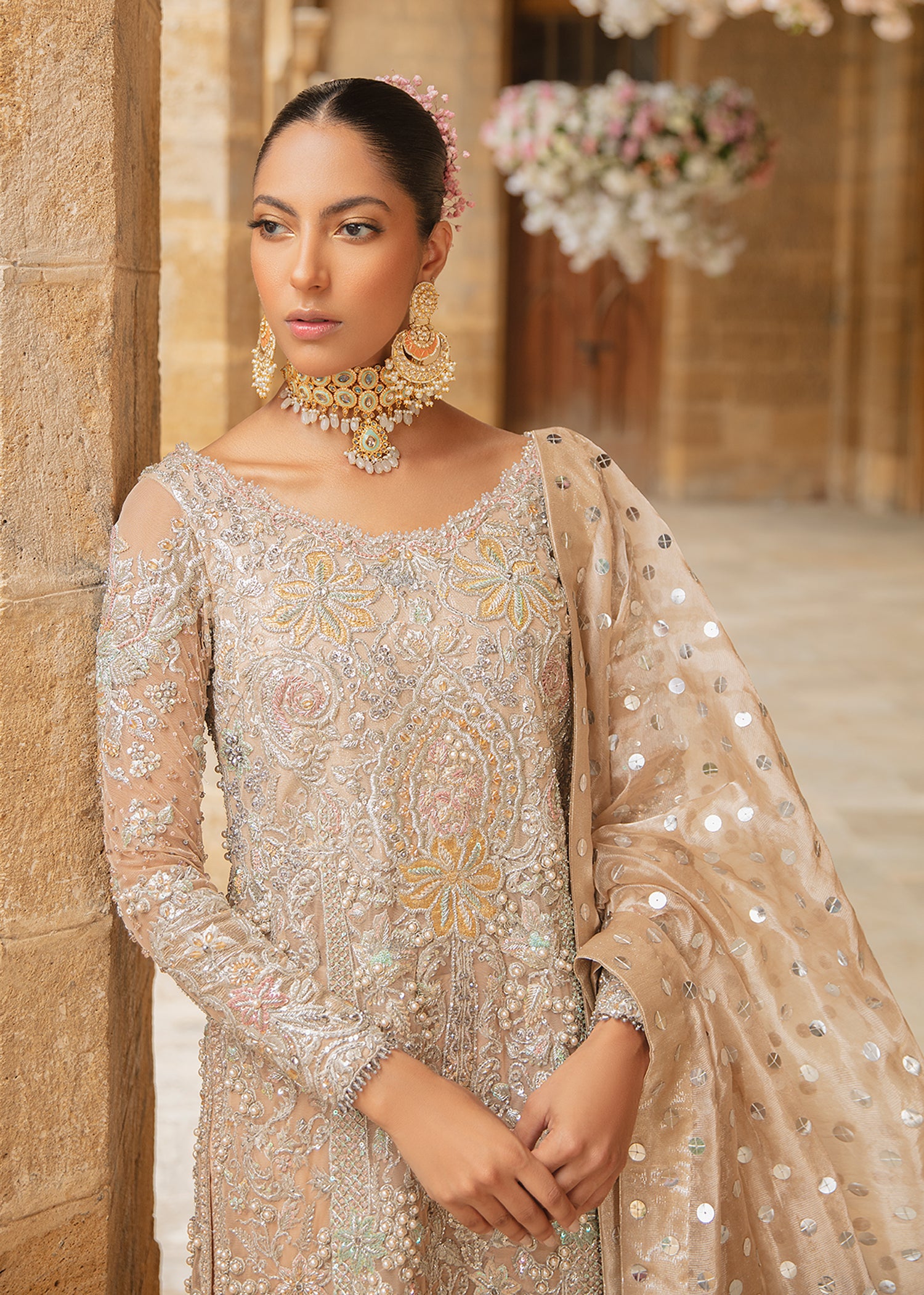Pakistani White Embellished Net Bridal Salwar Kameez (3-Piece) - Image 4