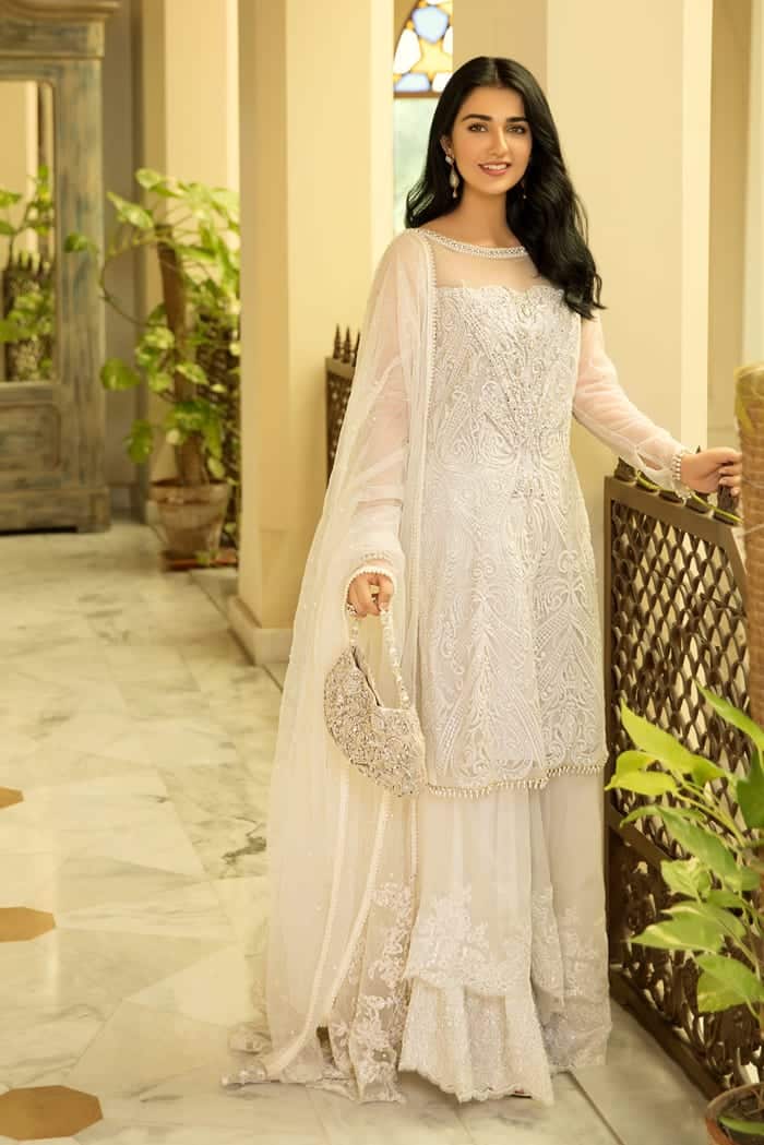 Pearl White Embroidered Net Salwar Kameez (3-Piece) - Image 1