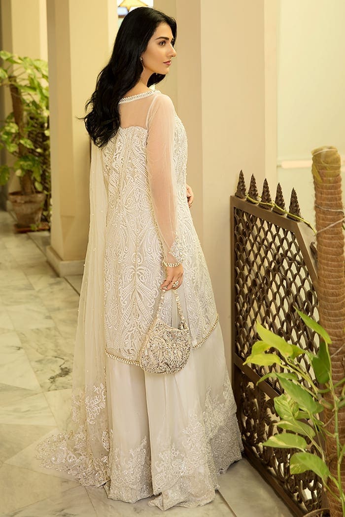 Pearl White Embroidered Net Salwar Kameez (3-Piece) - Image 2