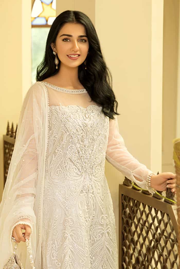 Pearl White Embroidered Net Salwar Kameez (3-Piece) - Image 3