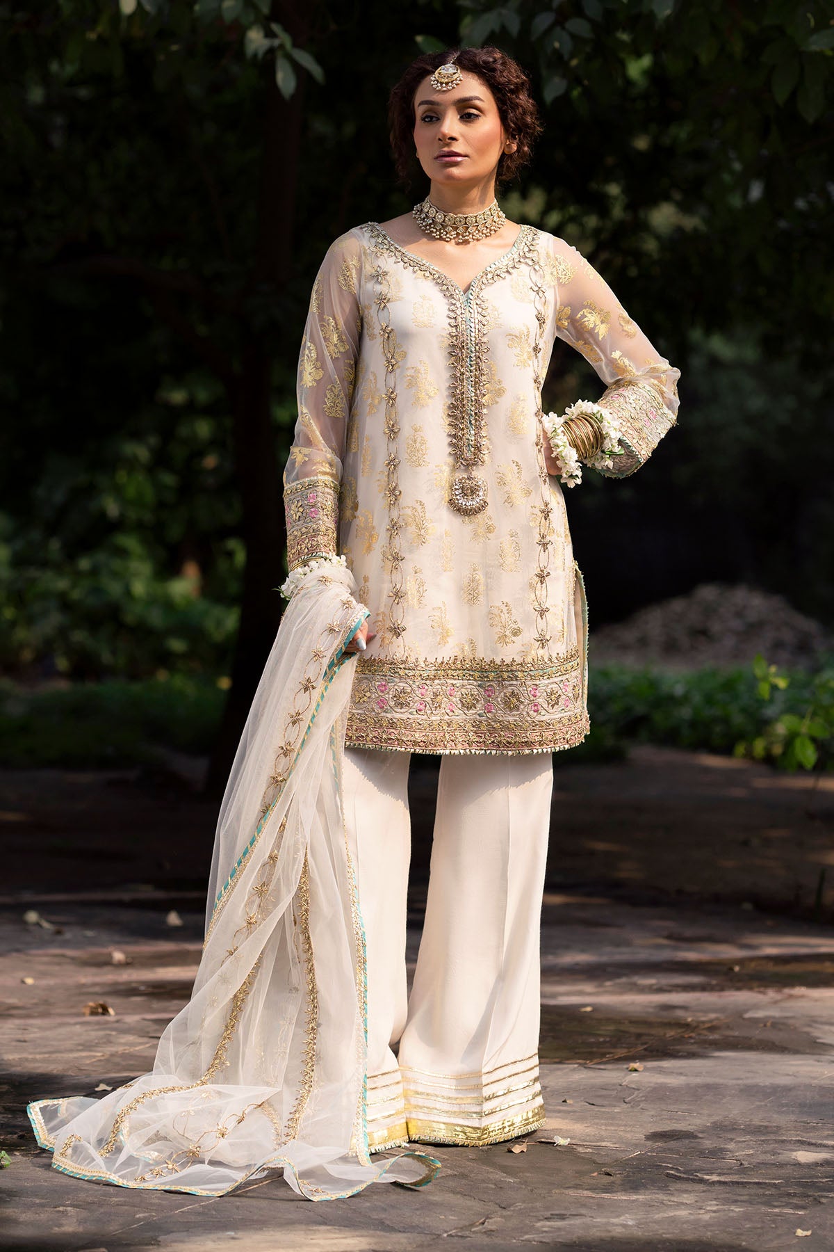 White Embroidered Net Salwar Kameez (3-Piece) - Image 1