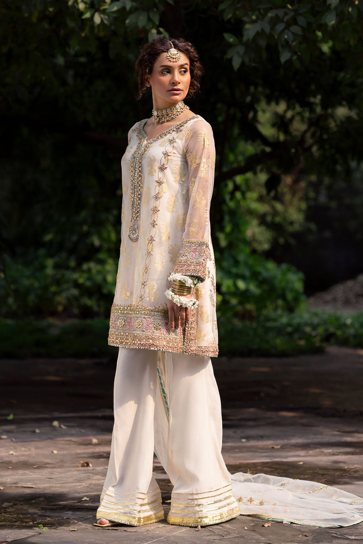 White Embroidered Net Salwar Kameez (3-Piece) - Image 3