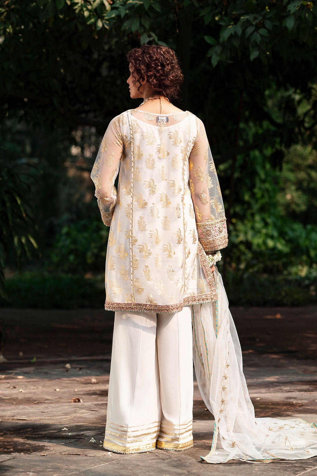 White Embroidered Net Salwar Kameez (3-Piece) - Image 4