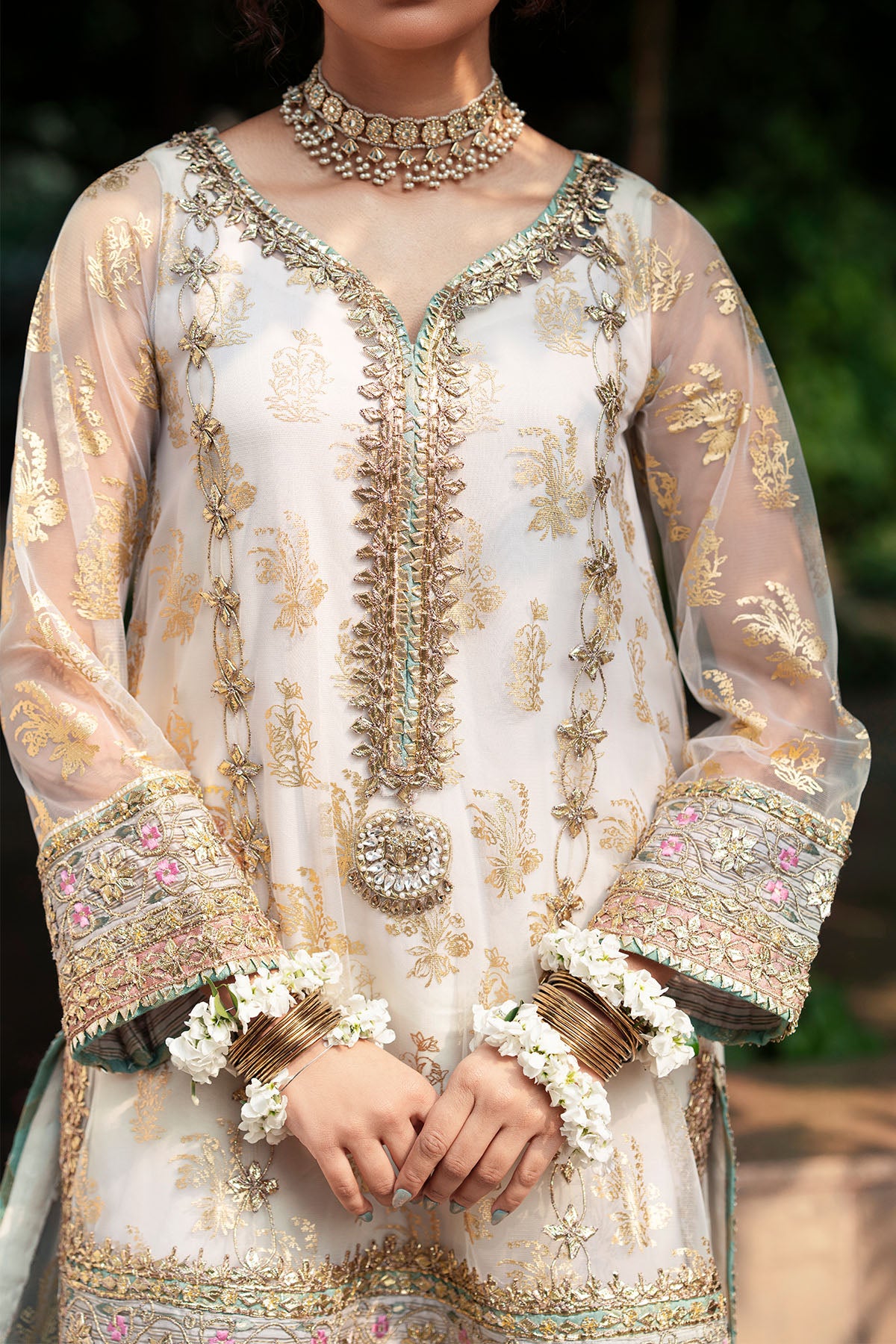 White Embroidered Net Salwar Kameez (3-Piece) - Image 6