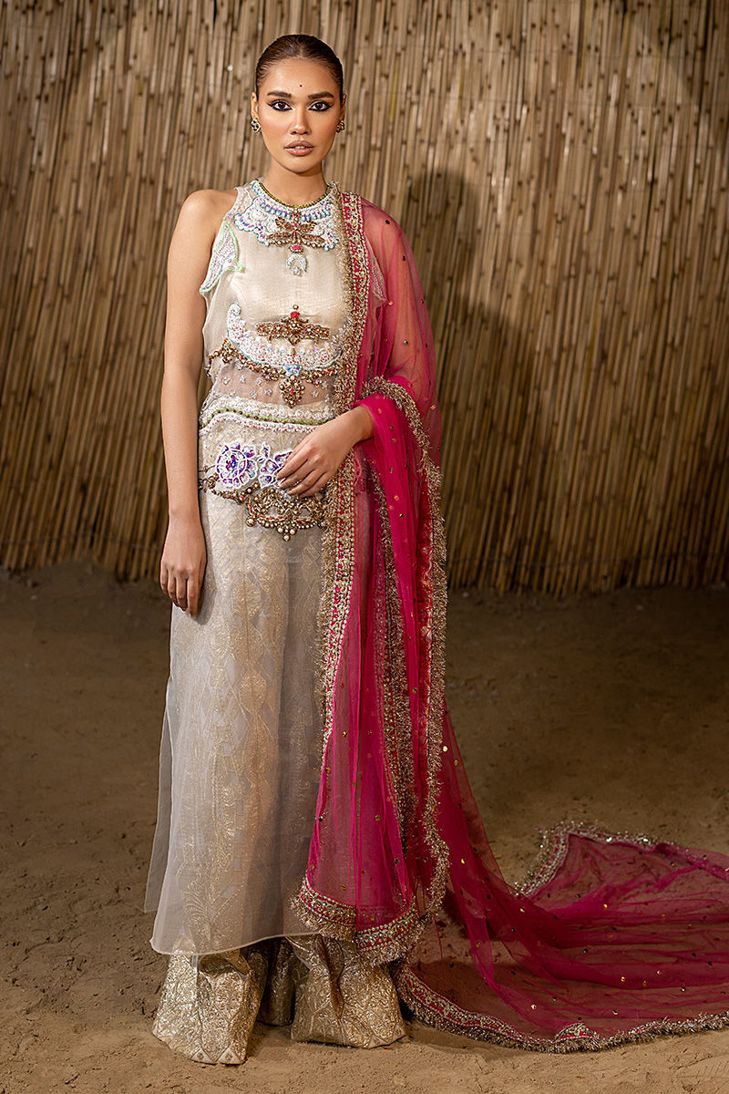 Pakistani White Embroidered Organza Halter Shirt Set (3-Piece) - Image 2