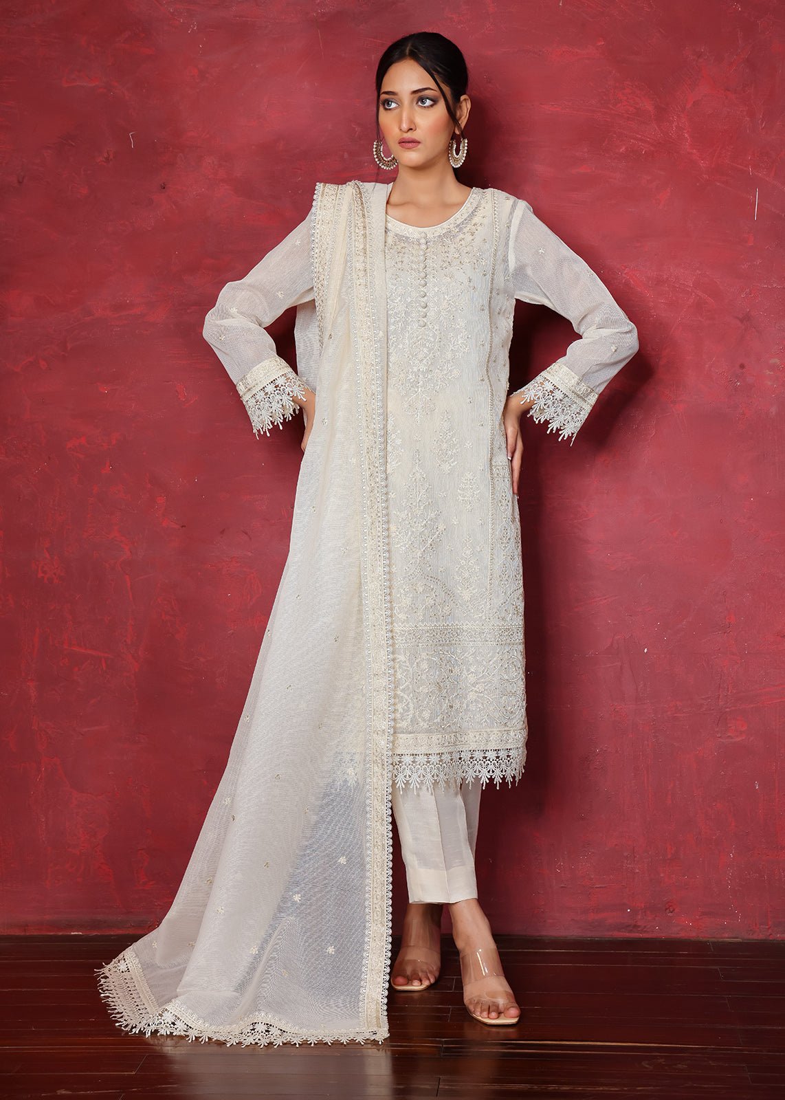 White Chikan Embroidered Organza Net Kurta (3-Piece) - Image 1