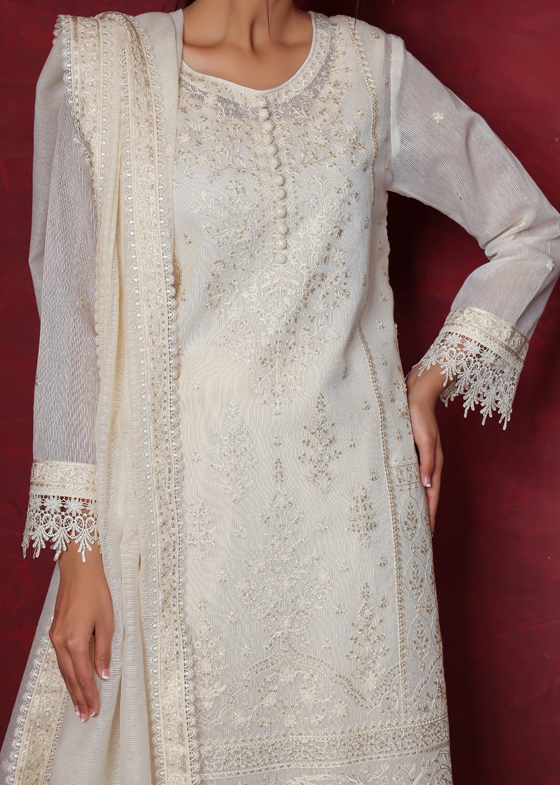 White Chikan Embroidered Organza Net Kurta (3-Piece) - Image 3
