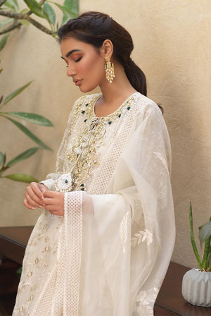 Pakistani White Embroidered Organza Salwar Kameez (3-Piece) - Image 6