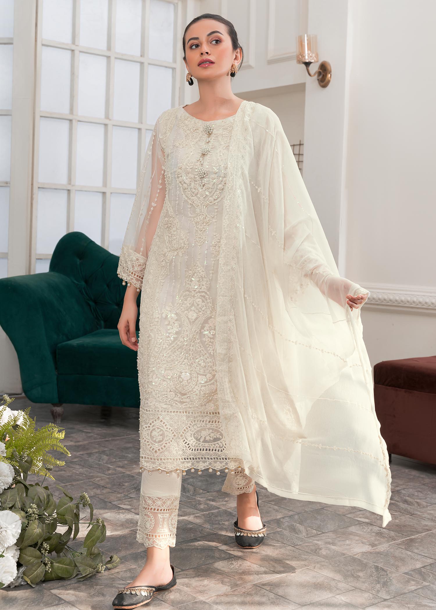 Pakistani Pearl White Embroidered Organza Kurta Set (3-Piece) - Image 1