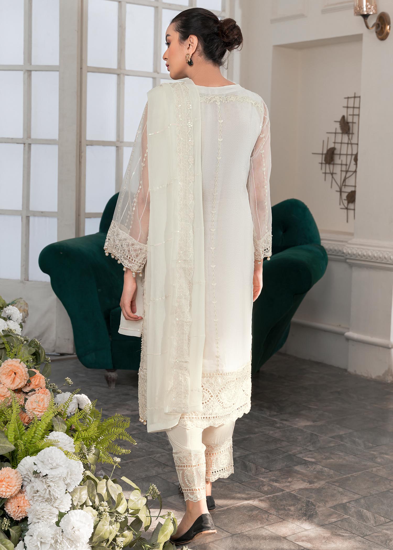 Pakistani Pearl White Embroidered Organza Kurta Set (3-Piece) - Image 3