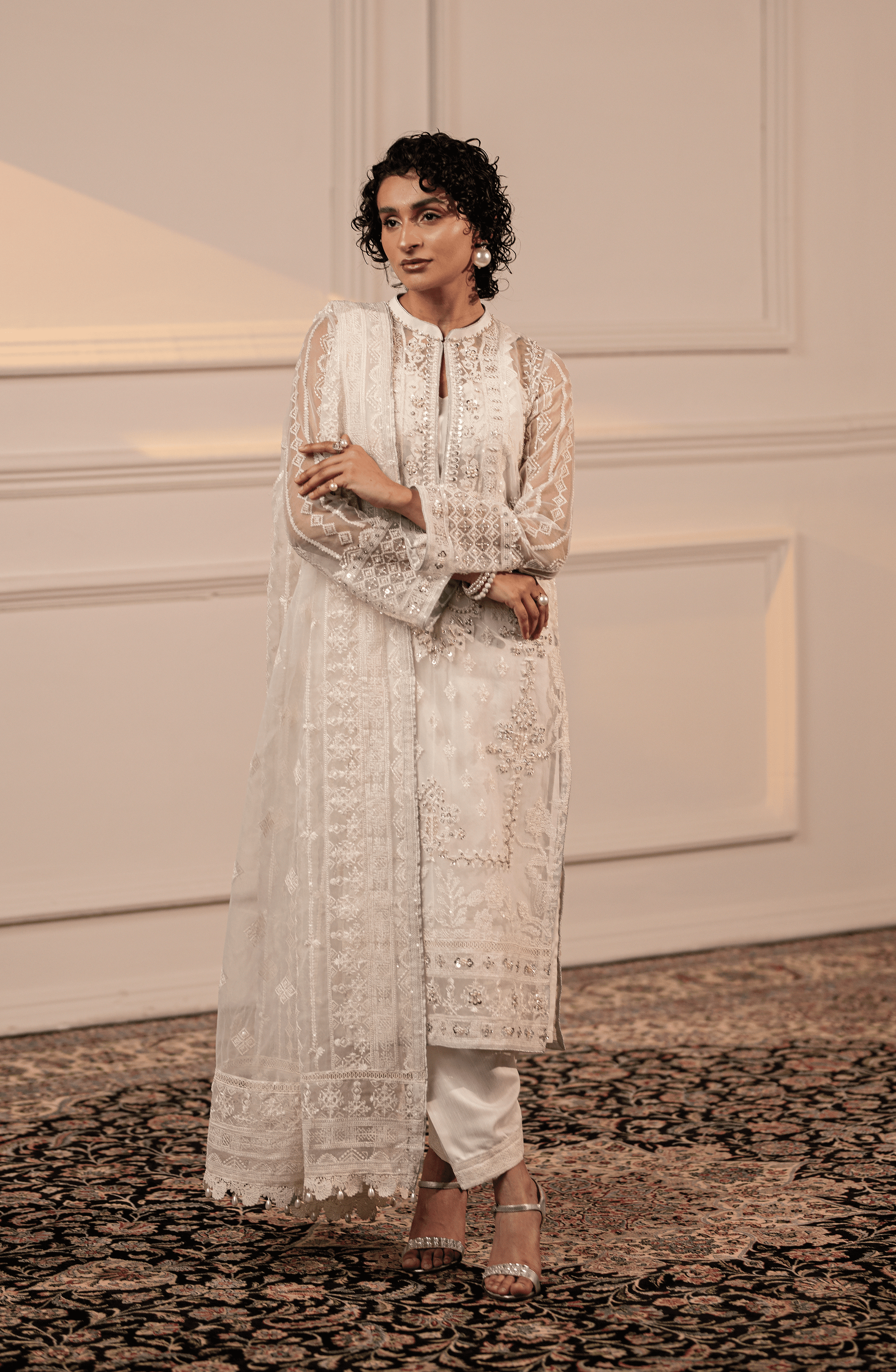 Pakistani White Embroidered Organza Kurta Set (3-Piece) - Image 1