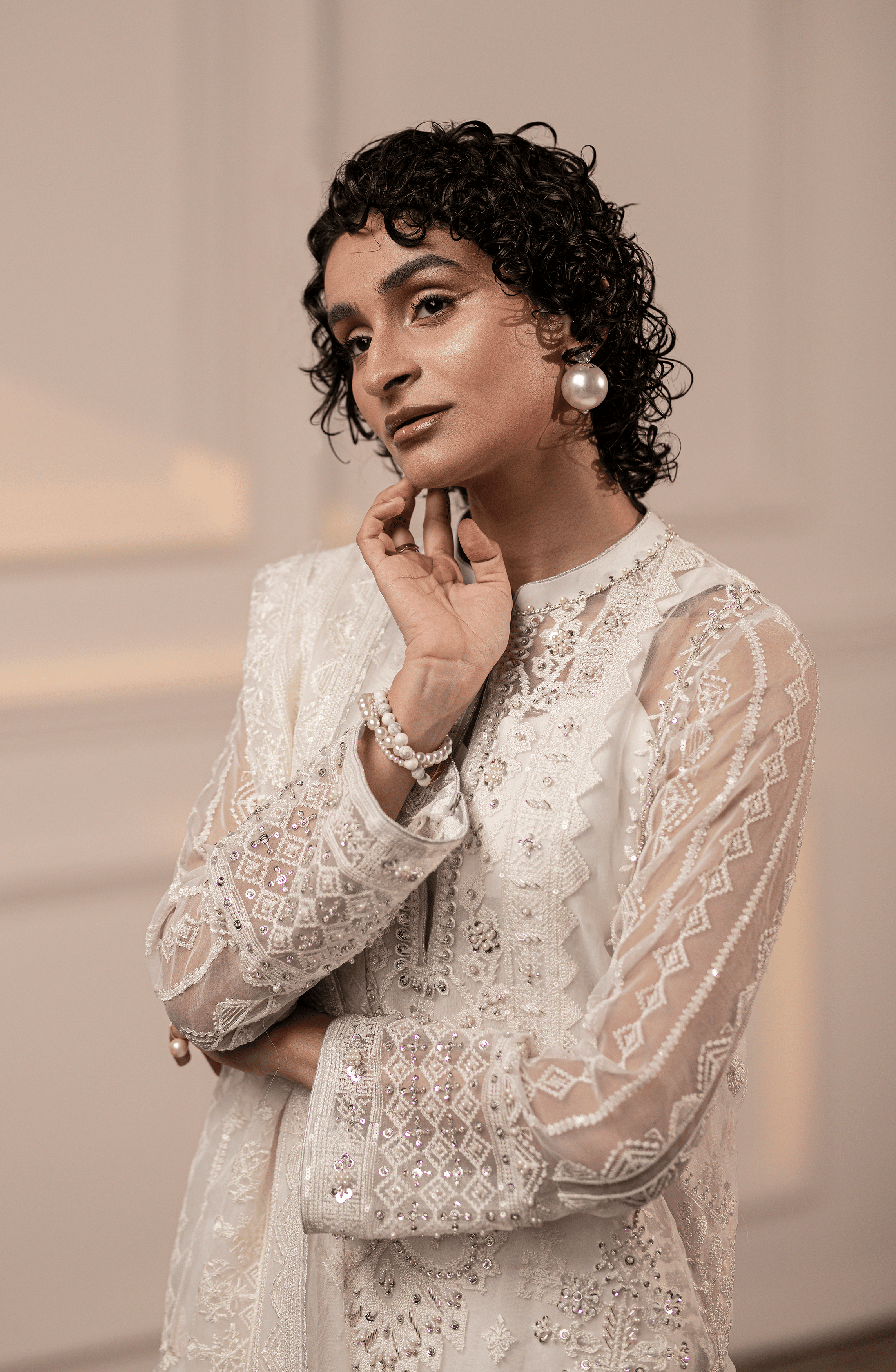 Pakistani White Embroidered Organza Kurta Set (3-Piece) - Image 5