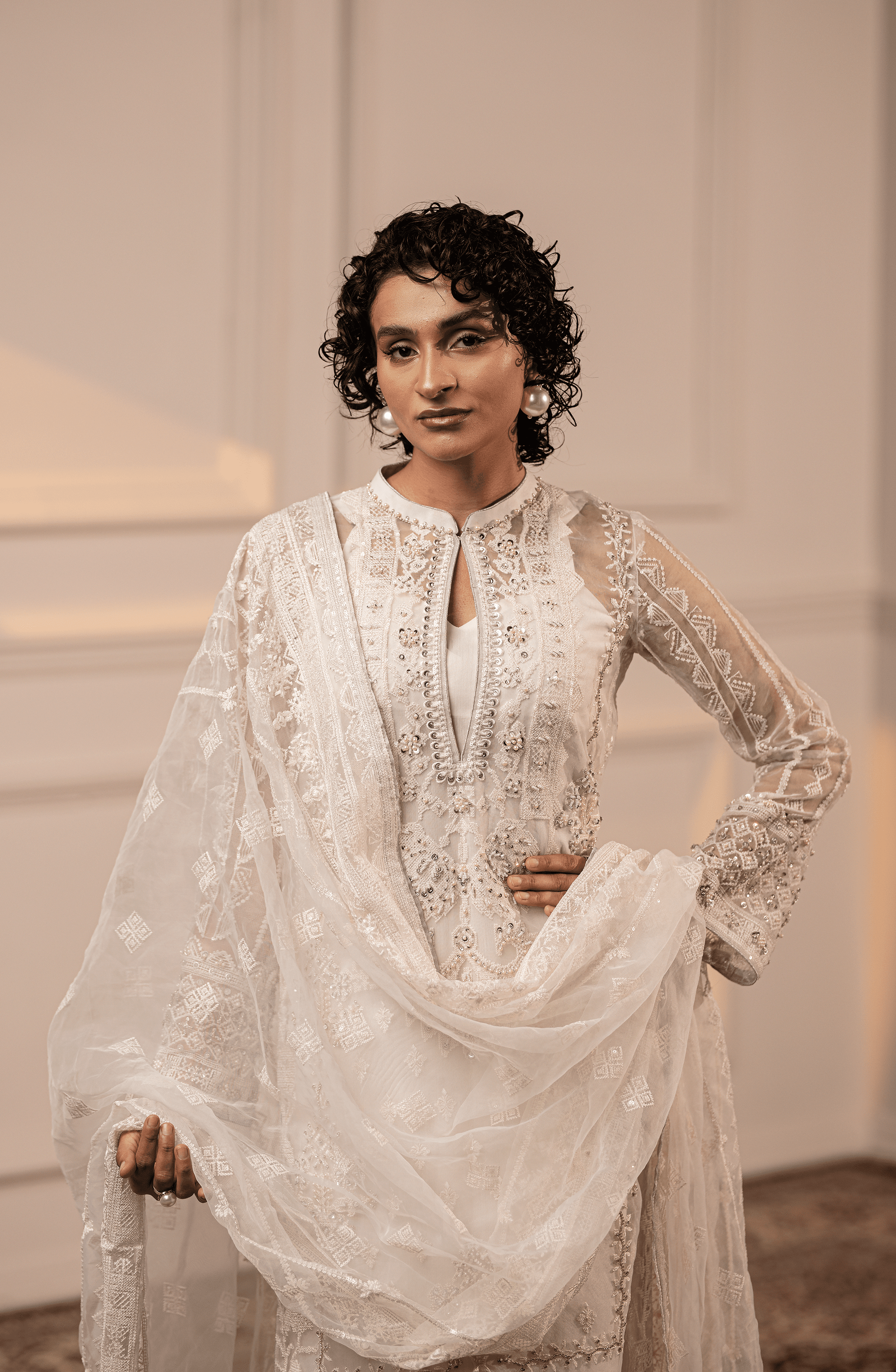Pakistani White Embroidered Organza Kurta Set (3-Piece) - Image 6