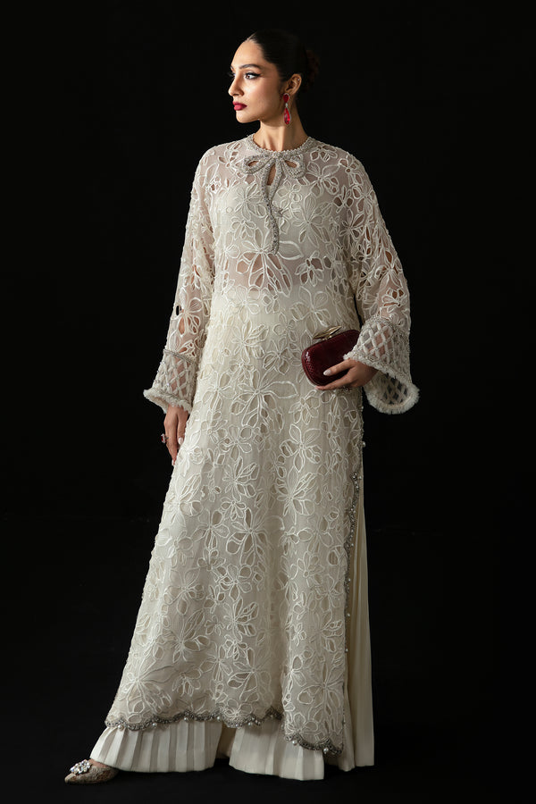 Pearl White Laser-Cut Organza & Satin Salwar Kameez (2-Piece) - Image 2