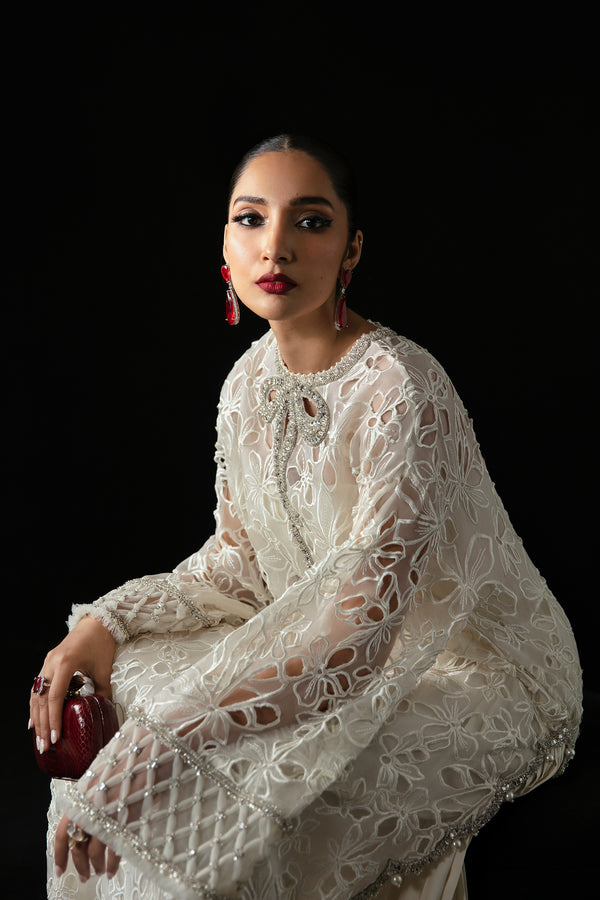 Pearl White Laser-Cut Organza & Satin Salwar Kameez (2-Piece) - Image 5