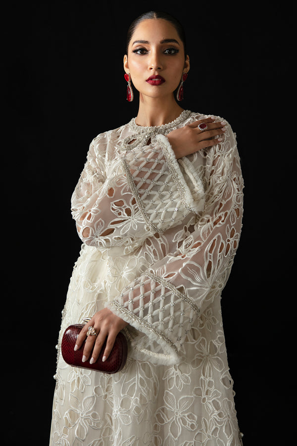 Pearl White Laser-Cut Organza & Satin Salwar Kameez (2-Piece) - Image 7