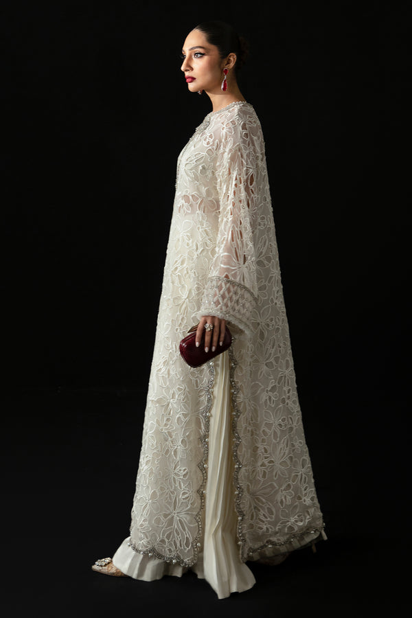 Pearl White Laser-Cut Organza & Satin Salwar Kameez (2-Piece) - Image 9