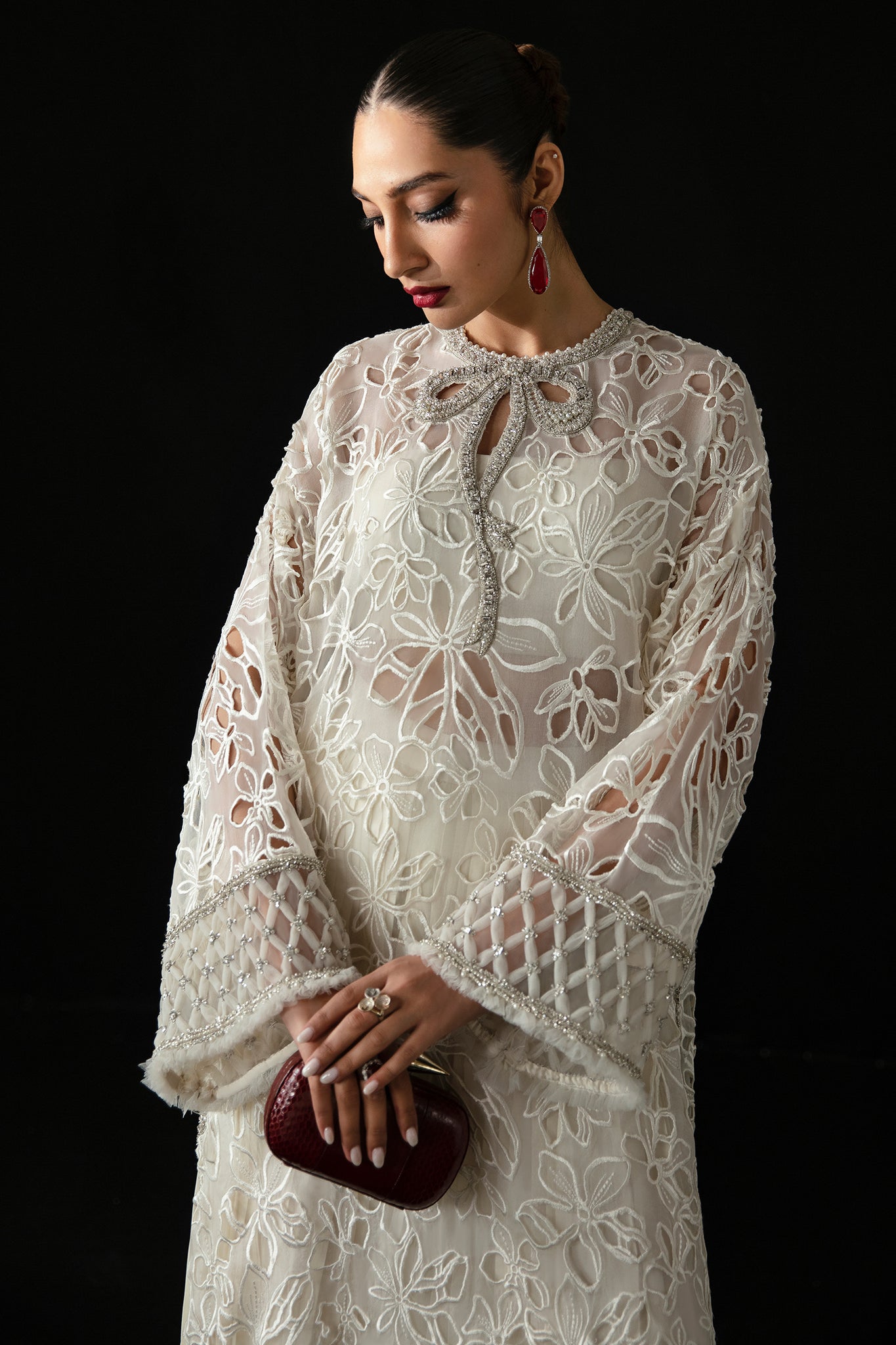 Pakistani Pearl White Laser-Cut Organza & Satin Salwar Kameez (2-Piece) - Image 3