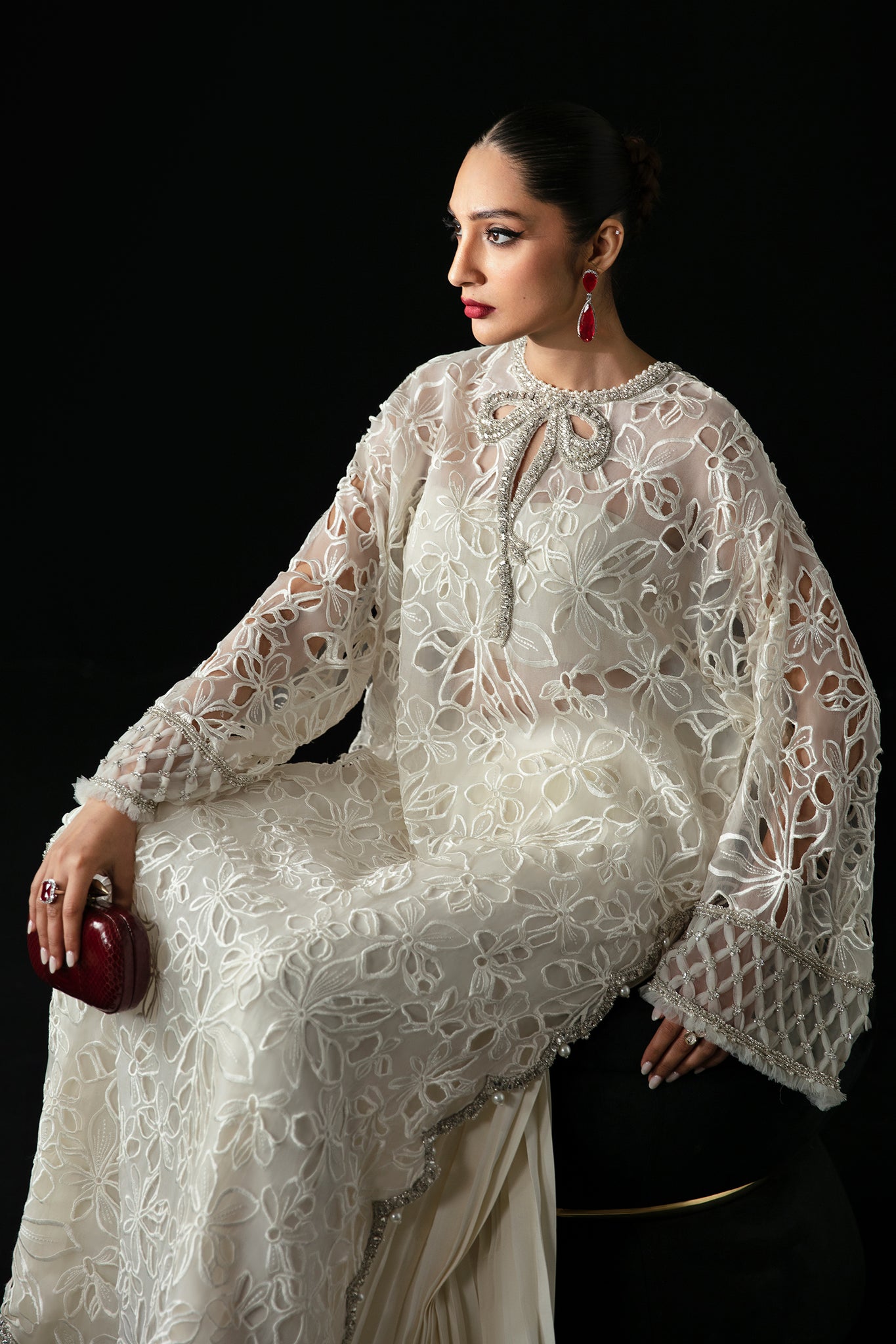 Pakistani Pearl White Laser-Cut Organza & Satin Salwar Kameez (2-Piece) - Image 4