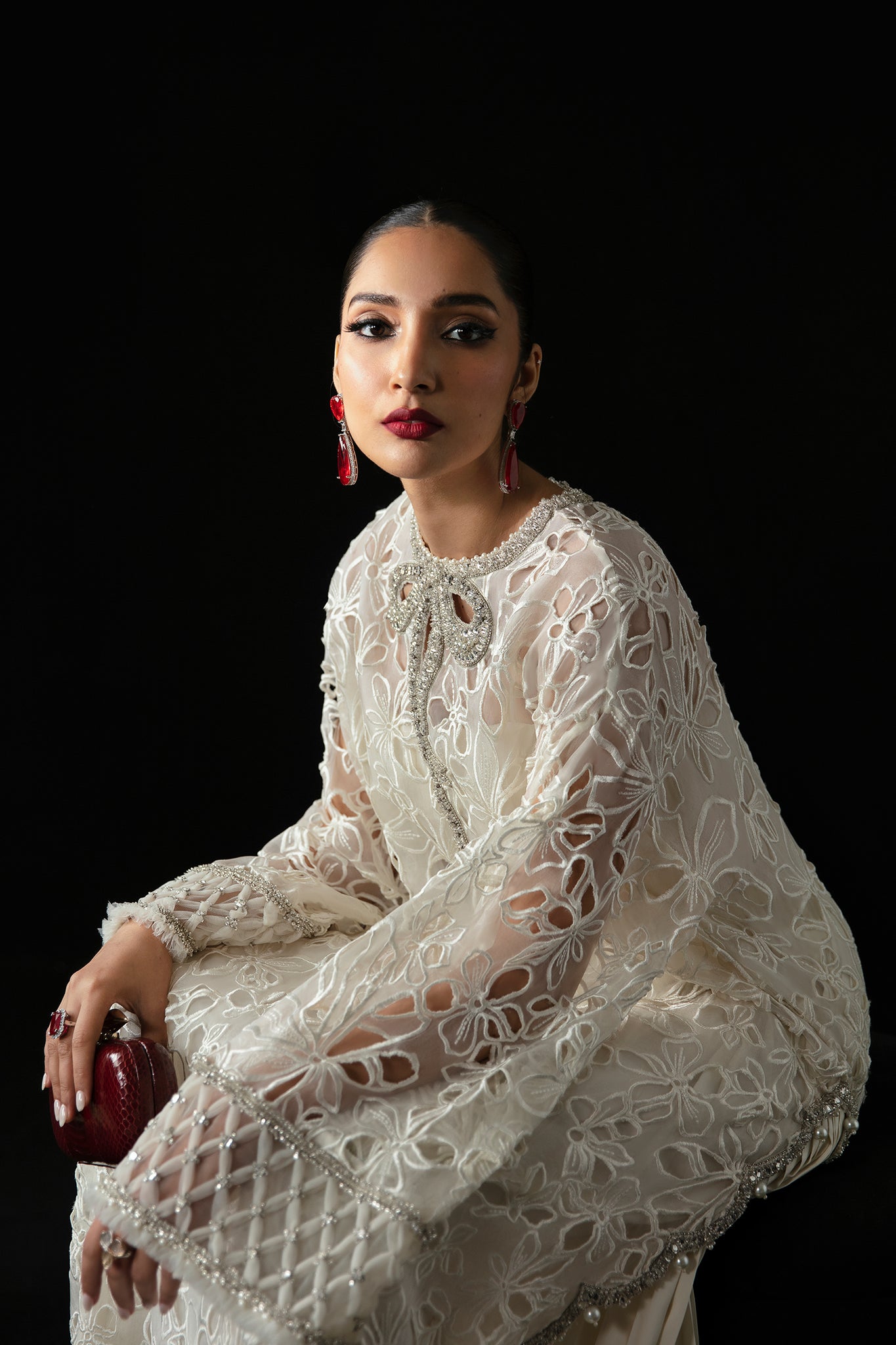 Pakistani Pearl White Laser-Cut Organza & Satin Salwar Kameez (2-Piece) - Image 5