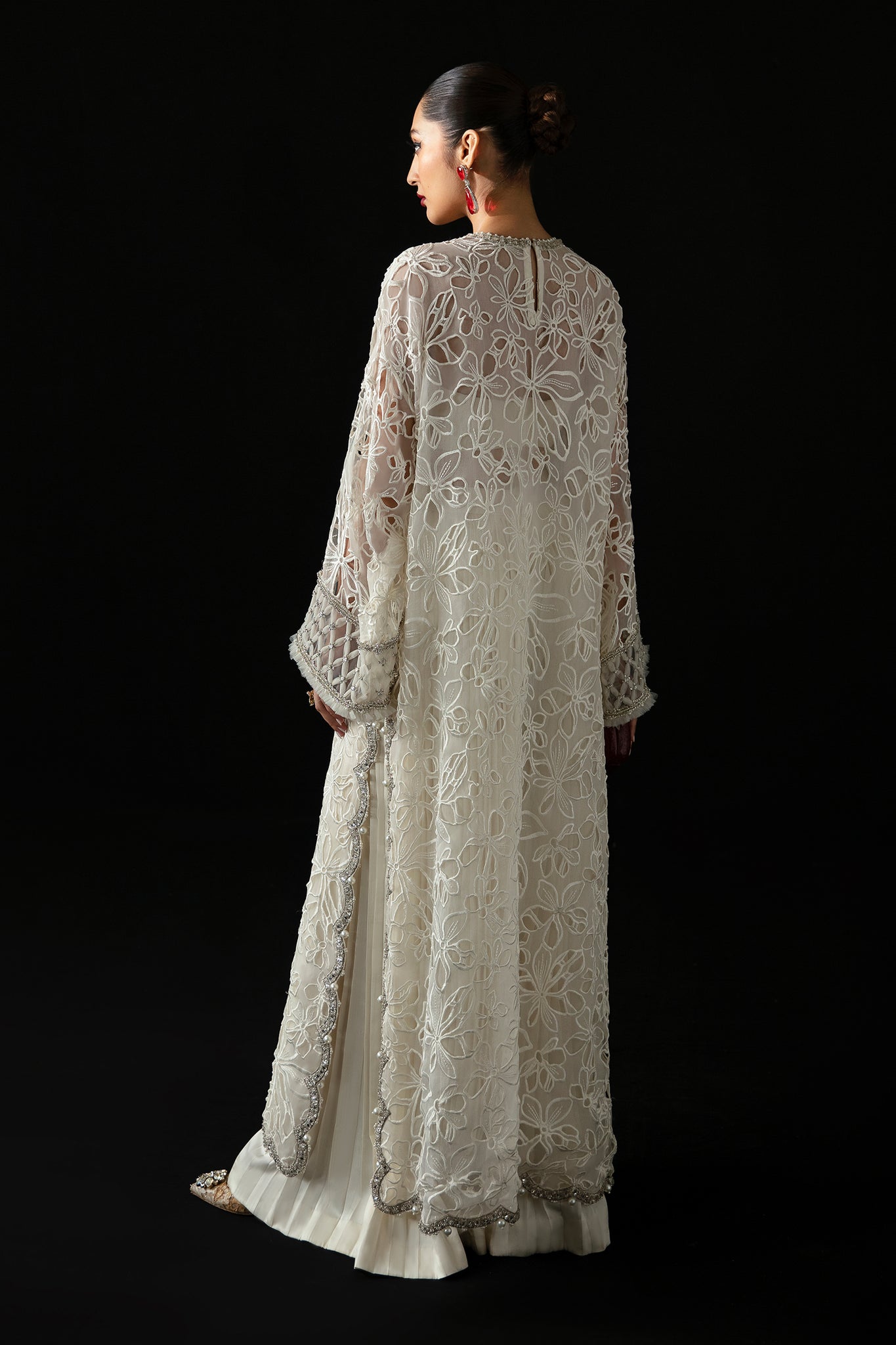 Pakistani Pearl White Laser-Cut Organza & Satin Salwar Kameez (2-Piece) - Image 8