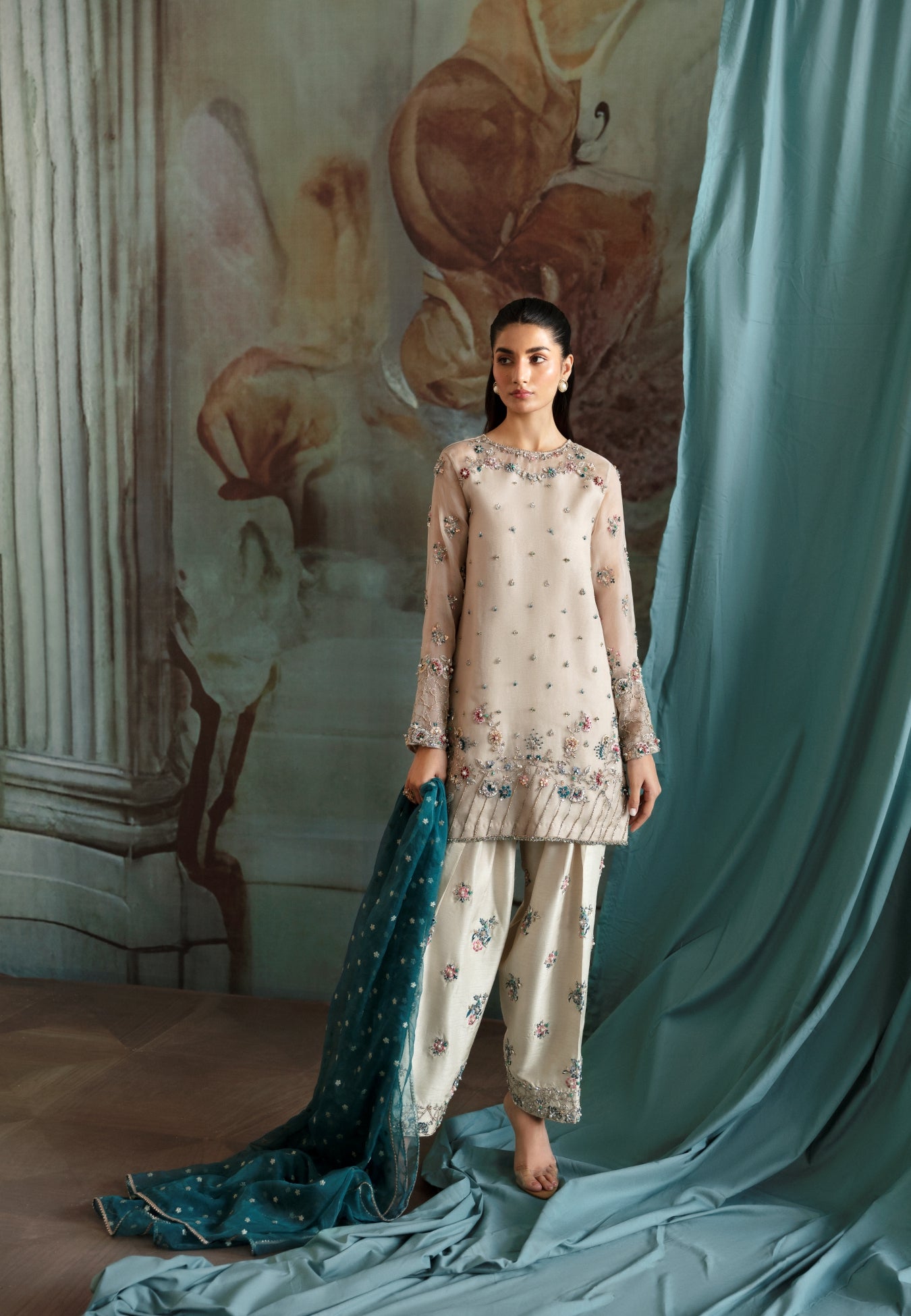 White Embellished Organza Salwar Kameez (3-Piece) - Image 1