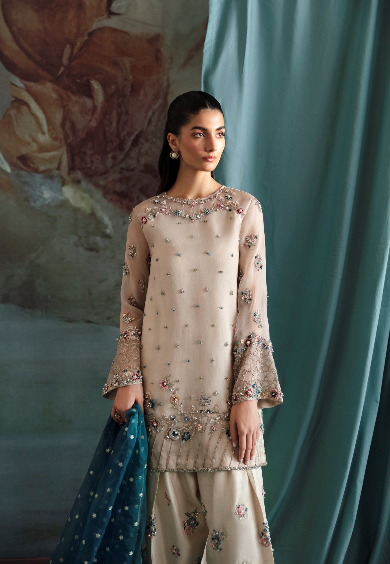 White Embellished Organza Salwar Kameez (3-Piece) - Image 2