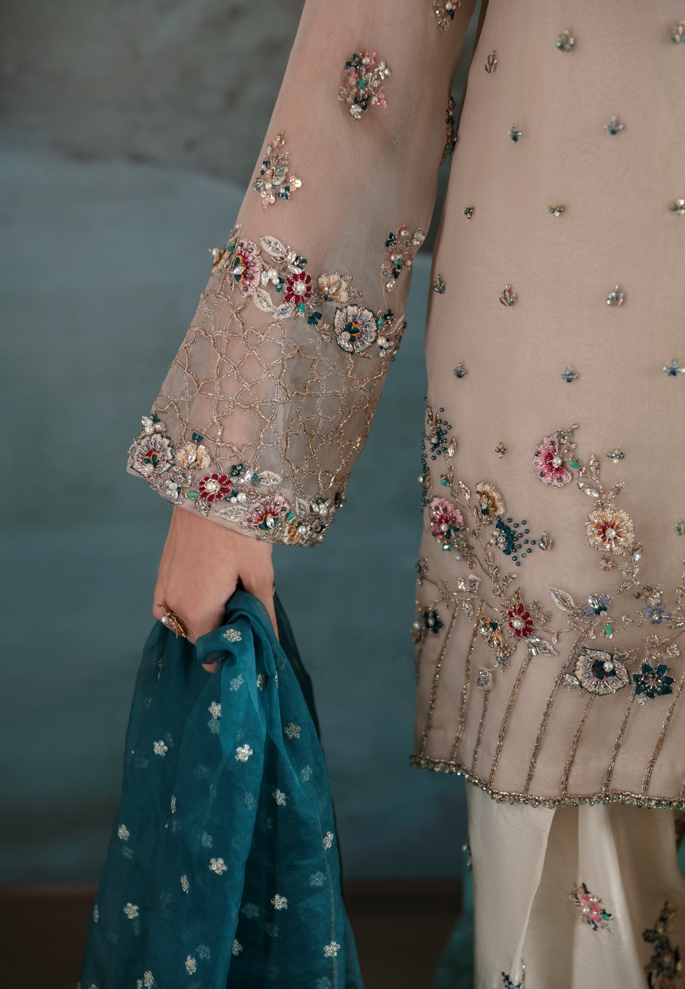 White Embellished Organza Salwar Kameez (3-Piece) - Image 6