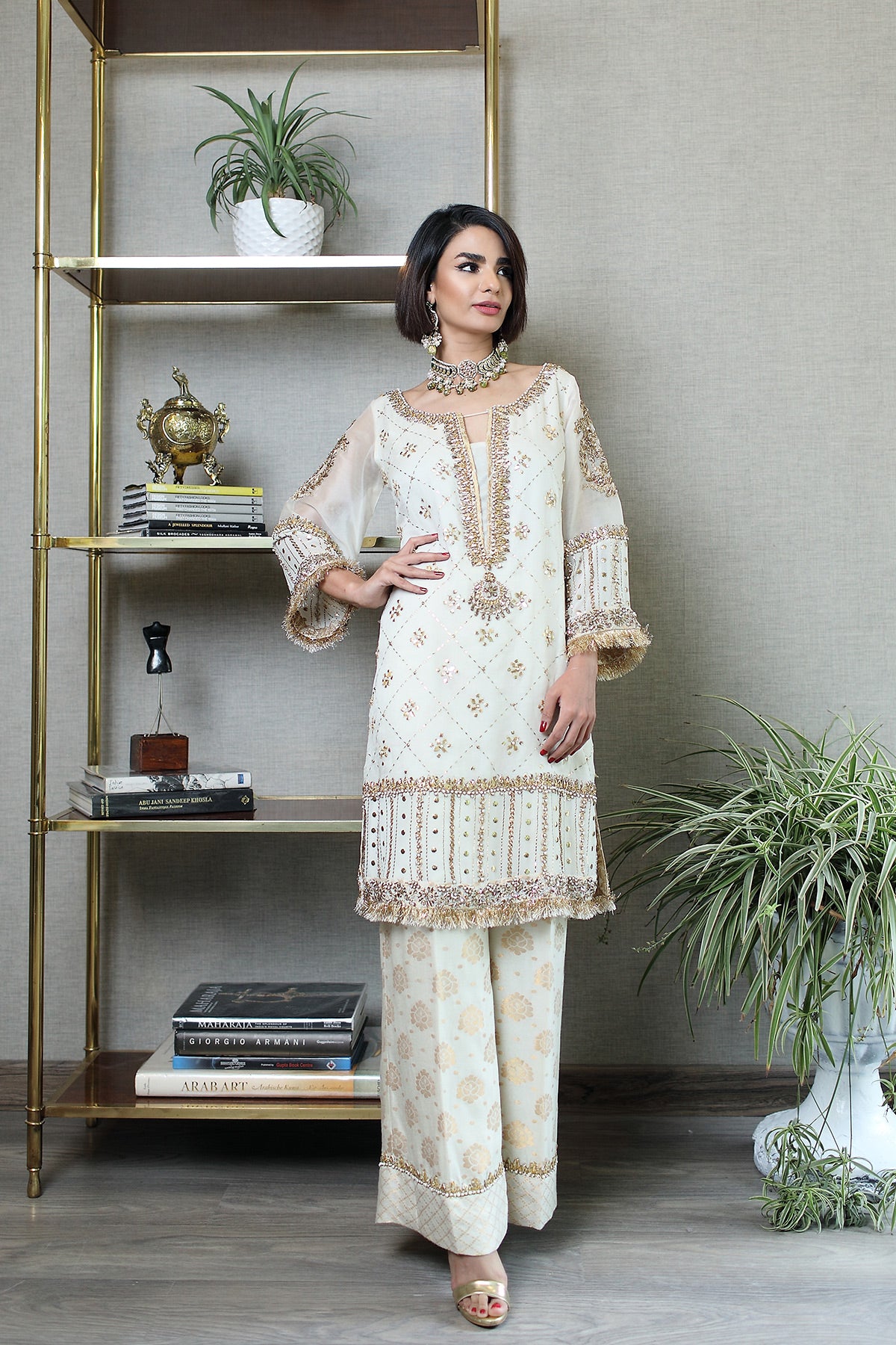 White Mukesh Embroidered Organza Salwar Kameez (2-Piece) - Image 1