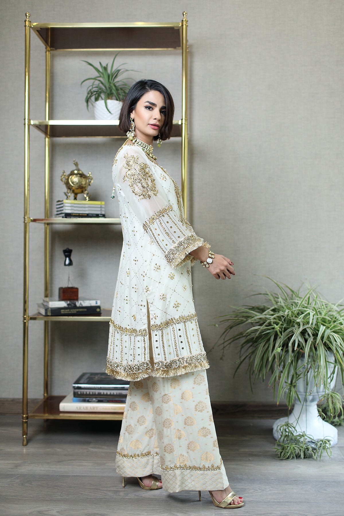 White Mukesh Embroidered Organza Salwar Kameez (2-Piece) - Image 2