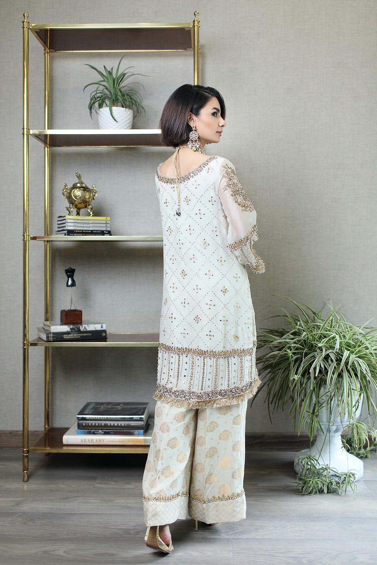White Mukesh Embroidered Organza Salwar Kameez (2-Piece) - Image 3